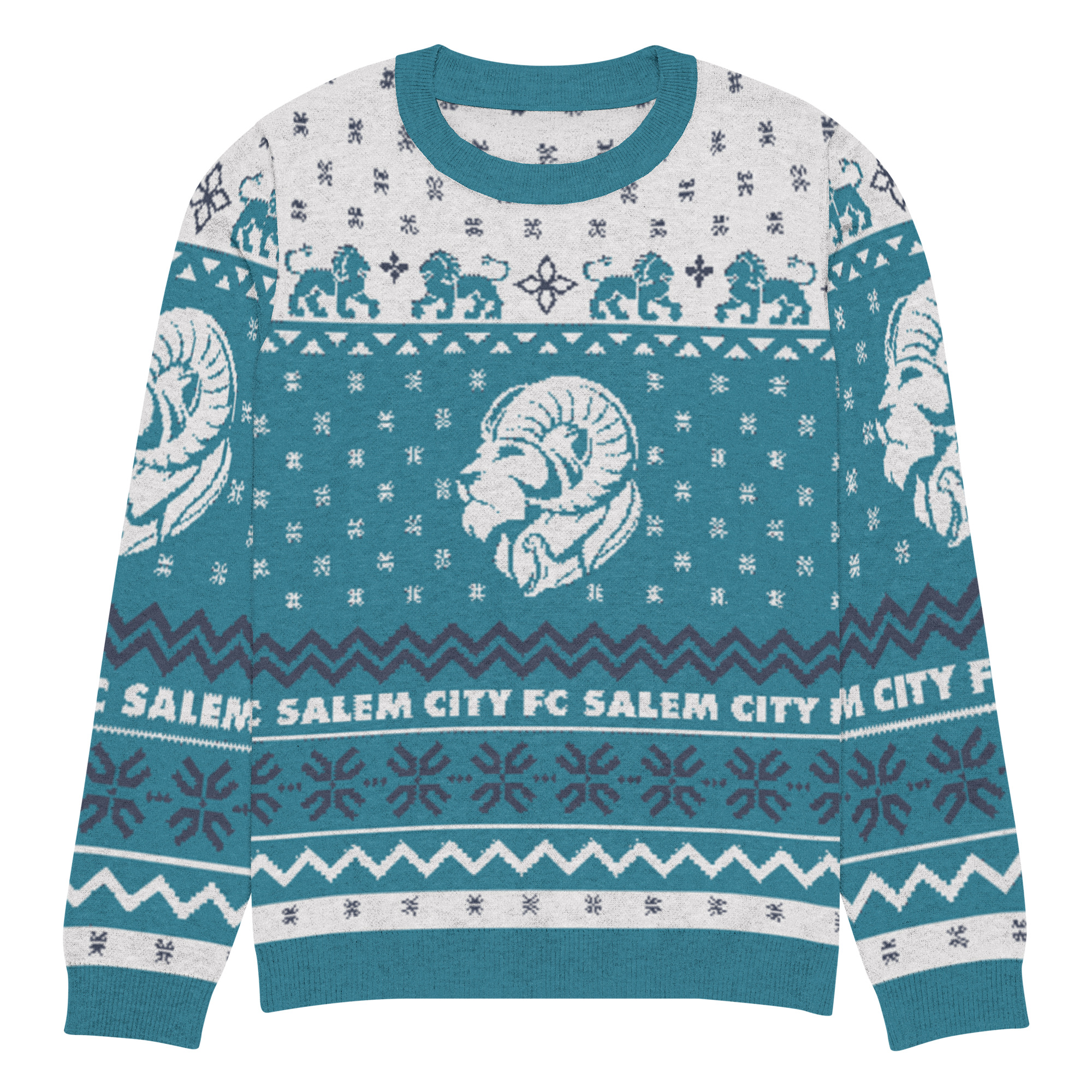 SCFC “Not so Ugly Holiday Sweater” Knitted crew neck sweater Cyan